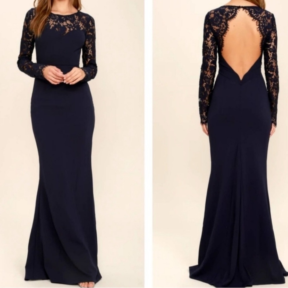 Lulu's Whenever You Call Navy Lace Maxi Dress-S